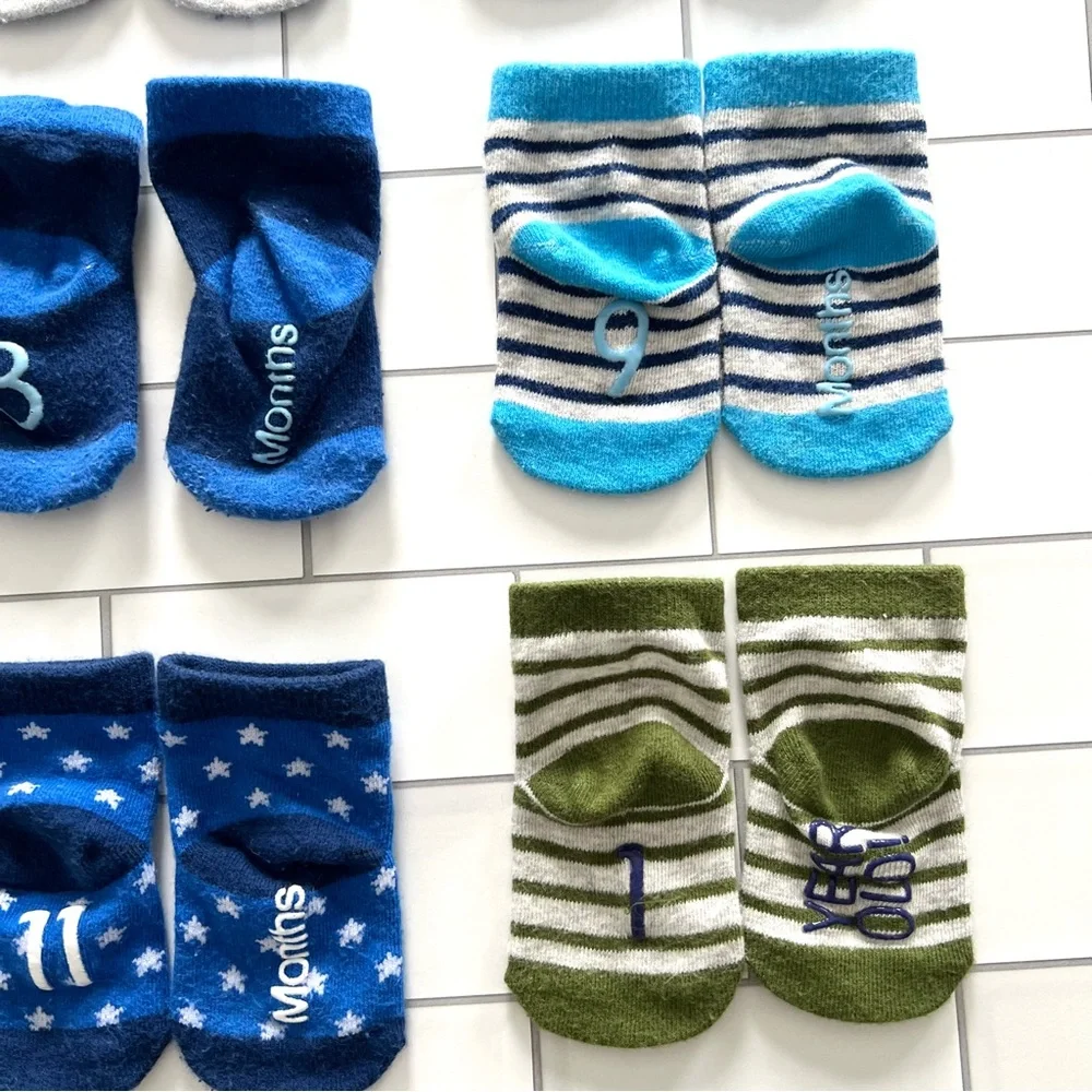 0-12M💙 Calvin Klein Milestone Baby 12 Month Socks w/ Grips Blue Gray Stars